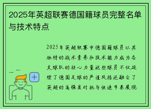 2025年英超联赛德国籍球员完整名单与技术特点